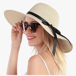 Women’s Straw Hat Wide Brim Floppy Beach Sun Hat UPF 50+ Adjustable Strap